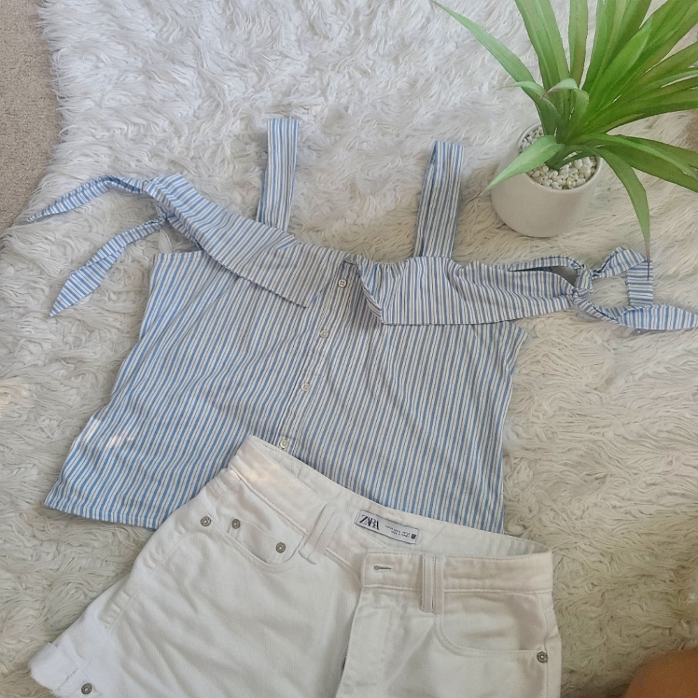 Blue and white striped off the shoulder tank top